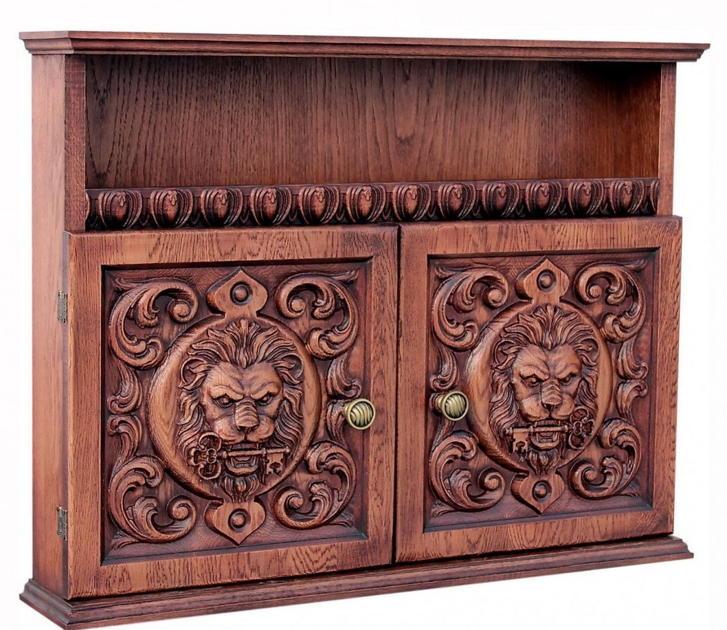 Handmade Wooden Key Organizer with Lion Head Doors – Rustic Wall-Mounted Key Holder for Entryway, 24x16x5 Inches