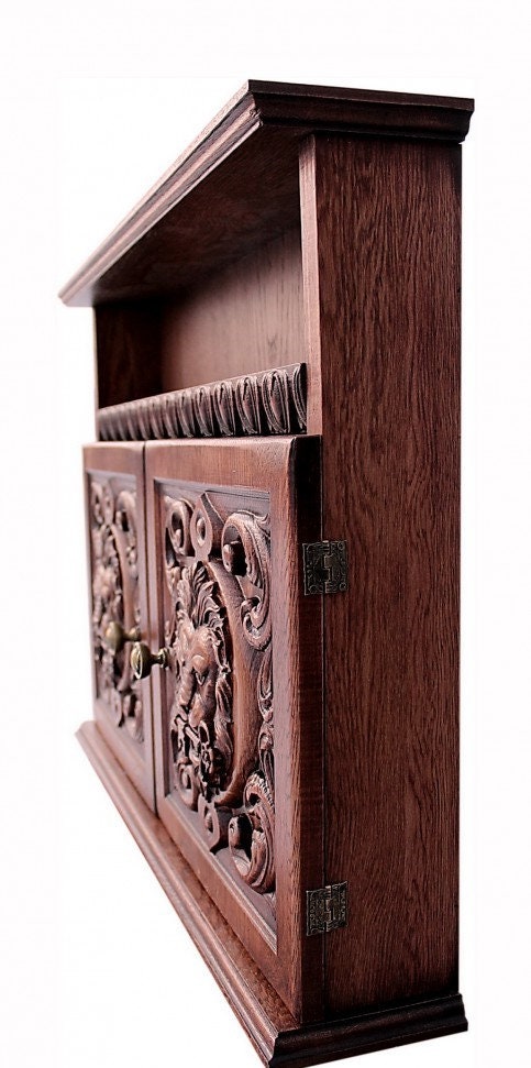 Handmade Wooden Key Organizer with Lion Head Doors – Rustic Wall-Mounted Key Holder for Entryway, 24x16x5 Inches