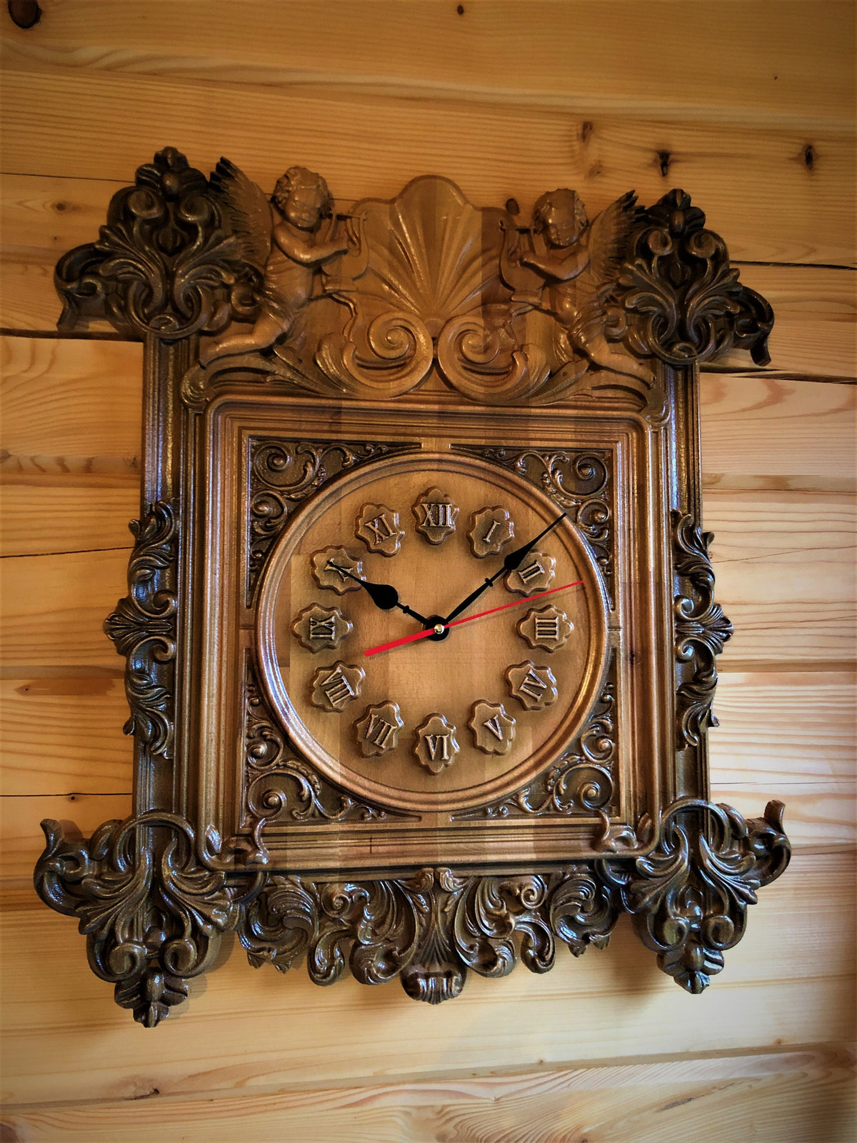 Byzantine Wooden Wall Clock with Angels – Handcrafted Oak & Beech Carved Clock, 16x14 Inches, Elegant Home Decor