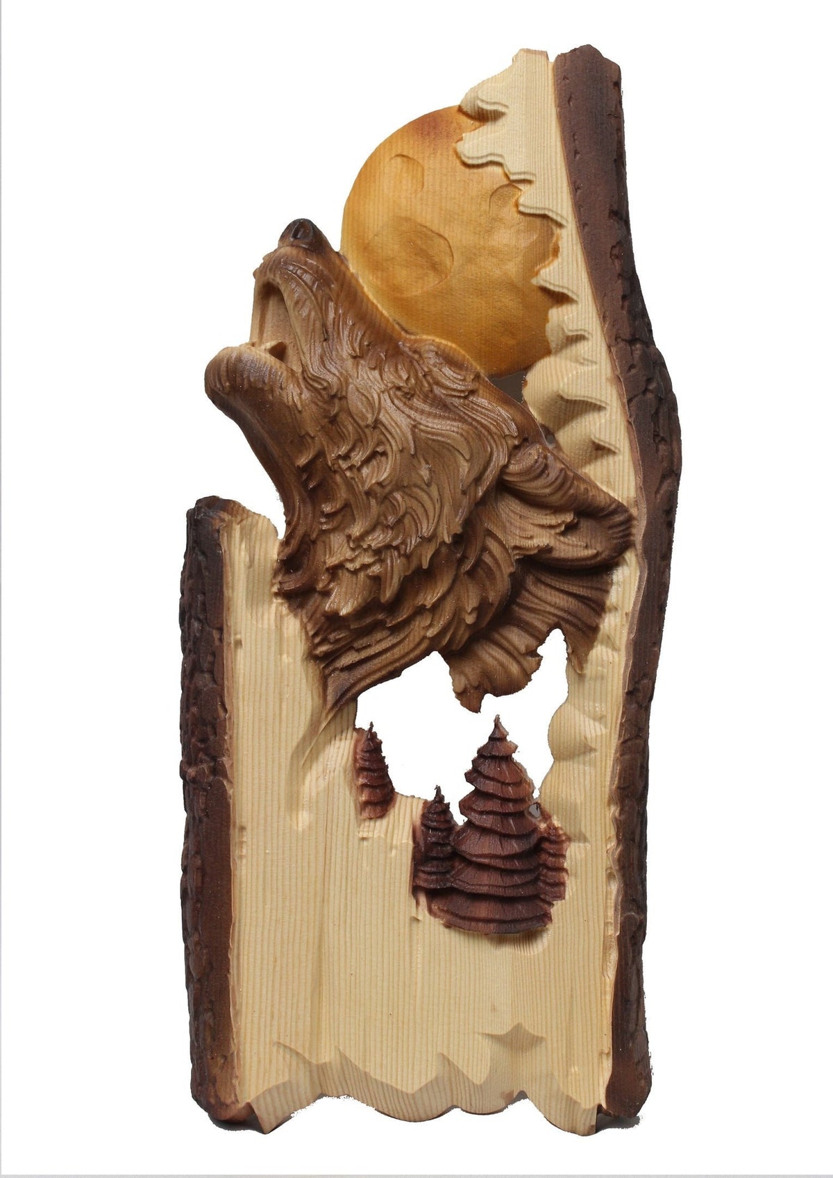 Wolf Carved on Wood Wood Carving with Bark Hand Made Gift Wall Hanging for the Wolves lovers OAK Gift for a Hunter Cabin Deco