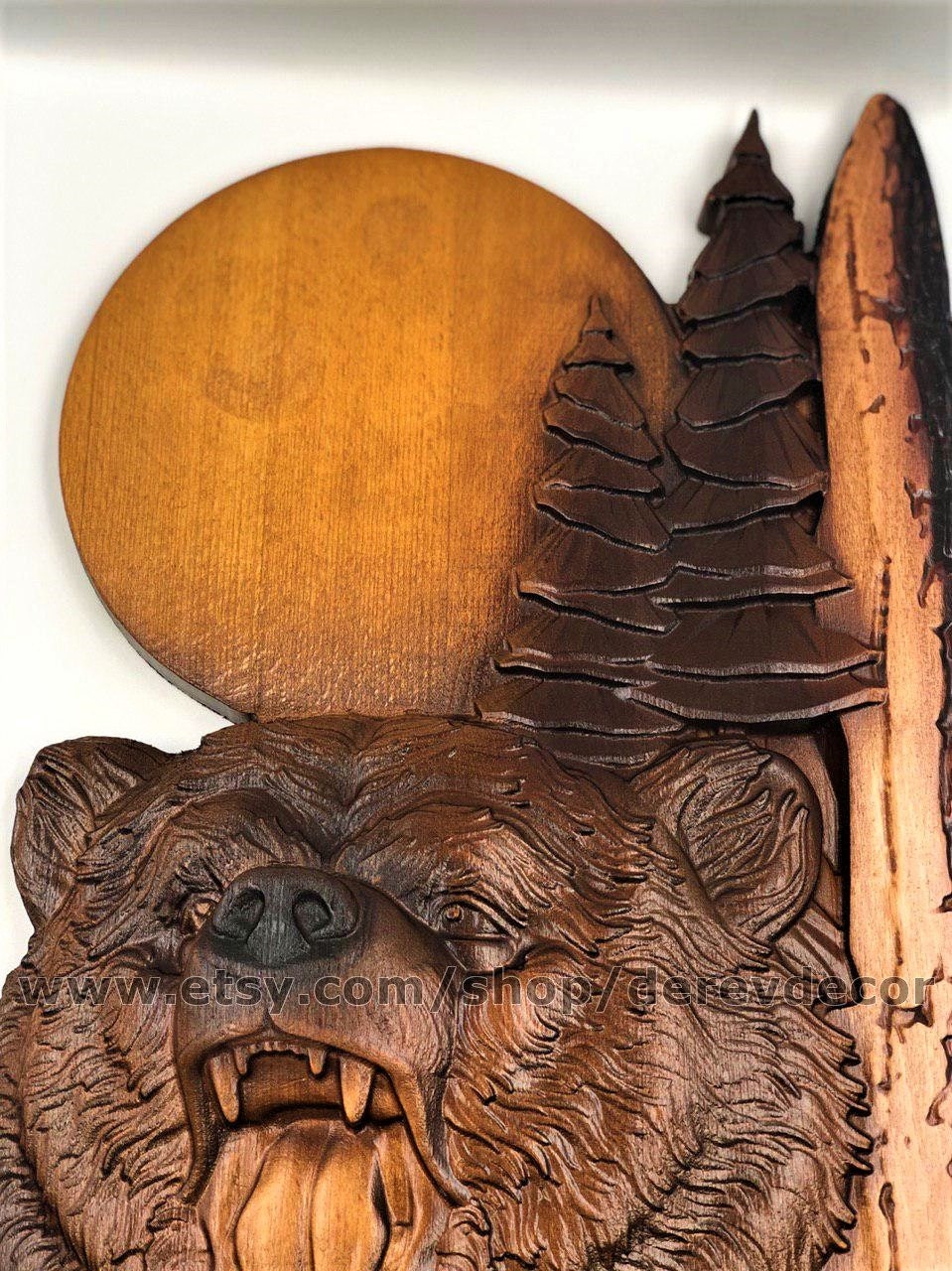 Personalized gift, Grizzly bear, carving Wood, Carving with Bark, Handmade Gift, Wall Hanging for a hunt lovers, Gift for Hunter Cabin
