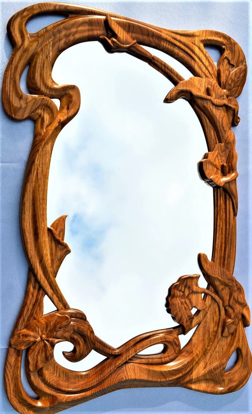 Large Carved Wood Wall Mirror – 36x24 Inches Floral Wooden Frame for Elegant Home Decor & Gifts