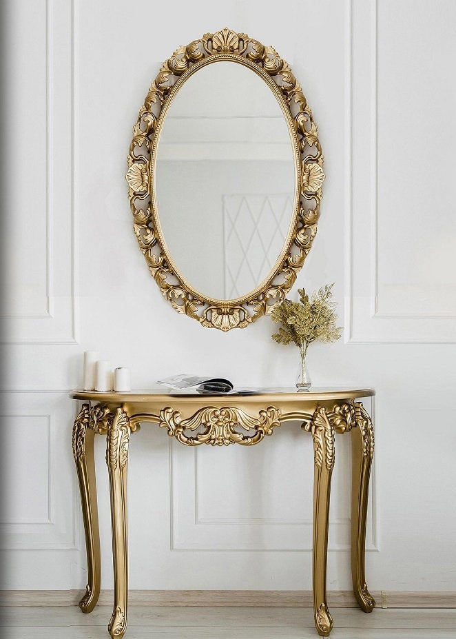 Large Wall Mirror, Unveil Your Regal Reflection: Enter the Golden Vines Mirror, Vintage Hanging Mirrors for Bedroom, Oval Antique Gold mirro