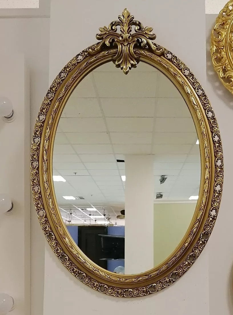Ornate Antique Gold Wall Mirror – Large Glass Mirror with Wooden Frame for Elegant Home Decor & Interior Art