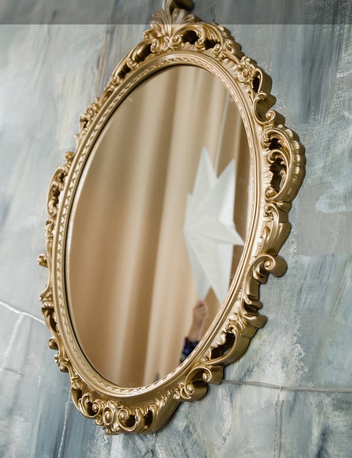 Antique Gold Oval Wall Mirror – Large Beveled Hanging Mirror with Wooden Frame for Bathroom, Bedroom, or Living Room Decor