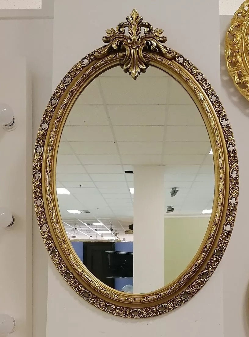 Large Oval Beveled Wall Mirror 36x23 – Antique Gold Hanging Mirror for Bathroom, Bedroom, and Entryway Decor, Antique Gold Wood Frame