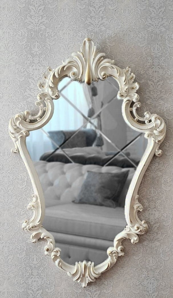 Ornate Antique Gold and White Wall Mirror, Wall mirror large, Wall mirror decor, Glass mirrors, Home gifts, Mirror Wall Art, wood frame