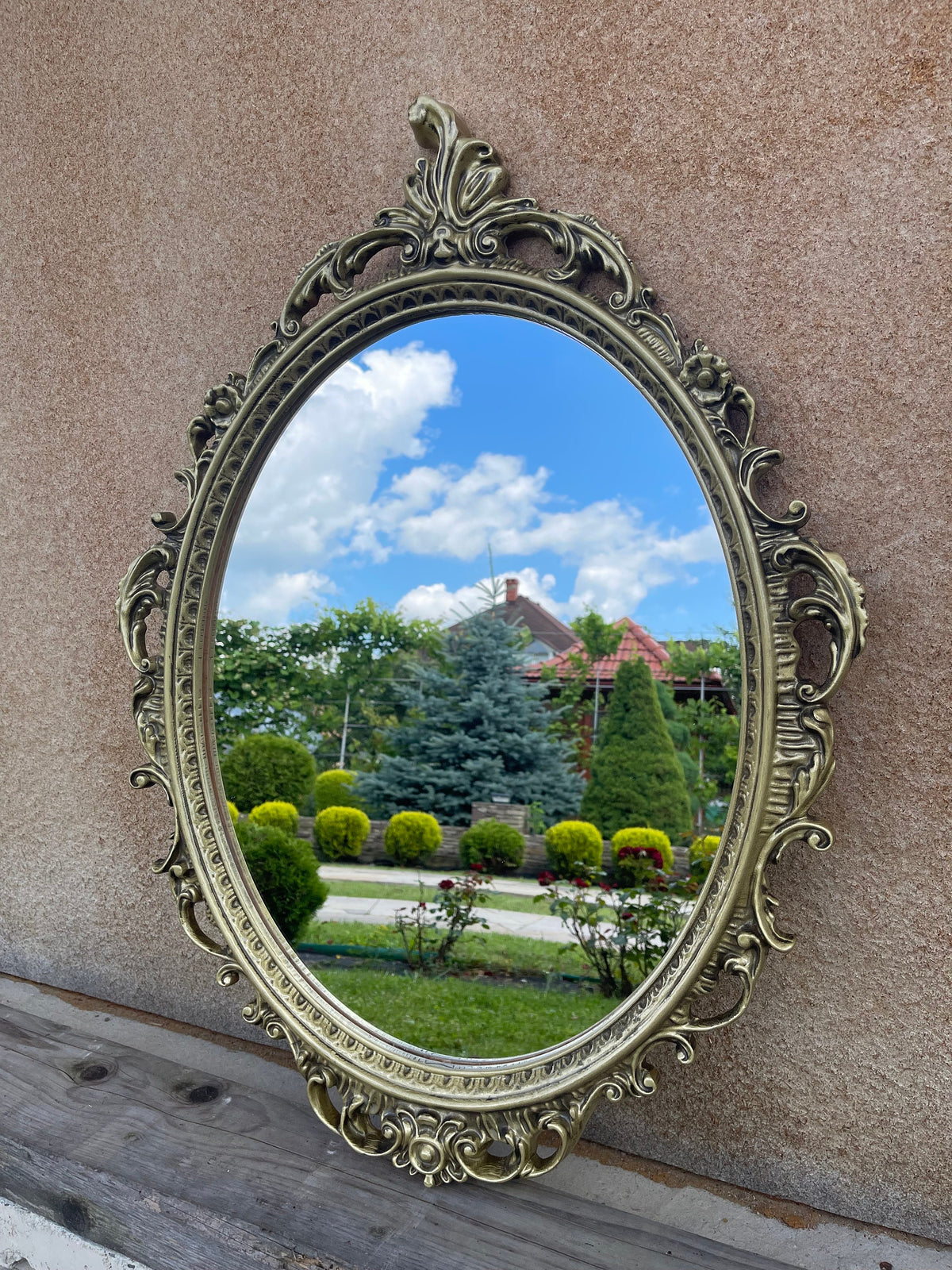 Antique Wood Mirror, Large Wall mirror, Oval Antique old Gold, Wall Mirror, Oval Hanging Wall Mirror, Beveled, Decorative Bathroom, Bedroom