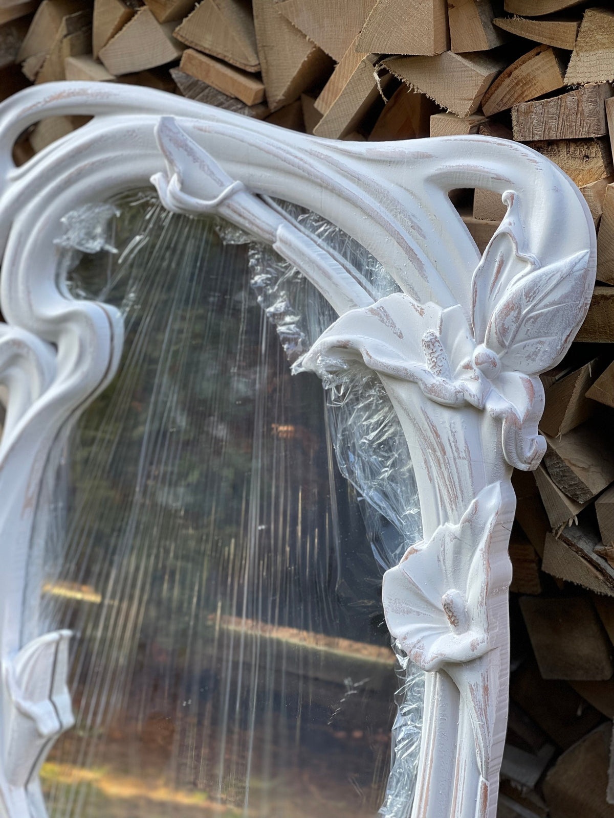Hand-Carved White Wooden Mirror with Floral Design – Rustic Wall Decor in Multiple Sizes, Perfect for Home or Gift