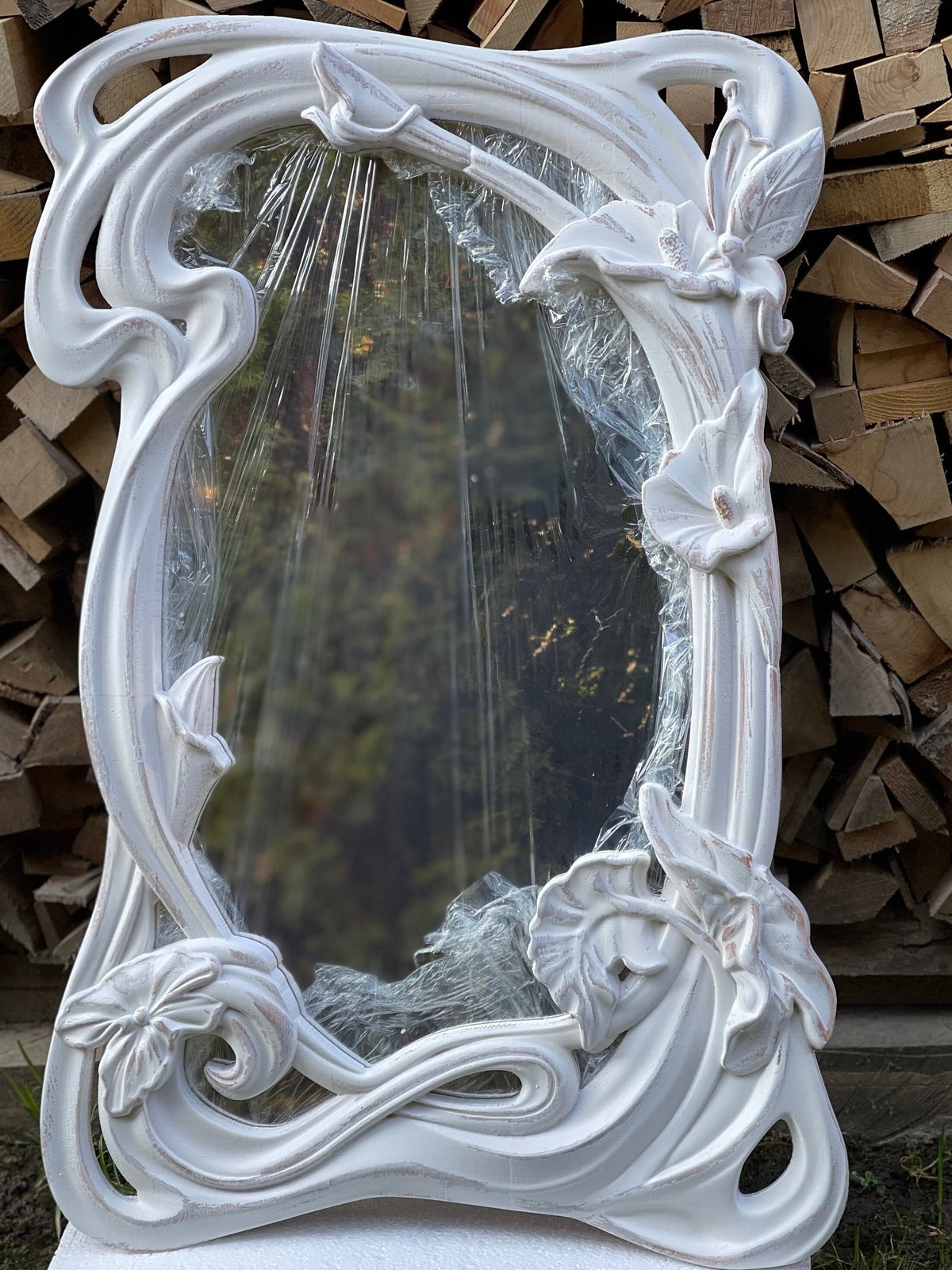 Hand-Carved White Wooden Mirror with Floral Design – Rustic Wall Decor in Multiple Sizes, Perfect for Home or Gift