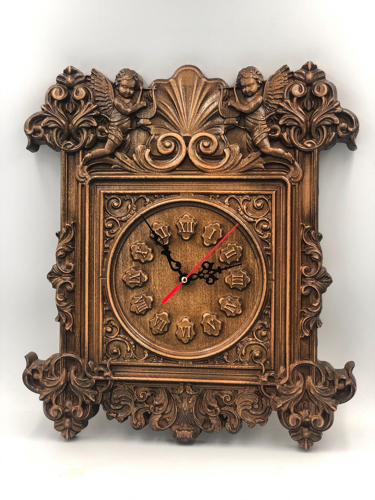 Byzantine Wooden Wall Clock with Angels – Handcrafted Oak & Beech Carved Clock, 16x14 Inches, Elegant Home Decor