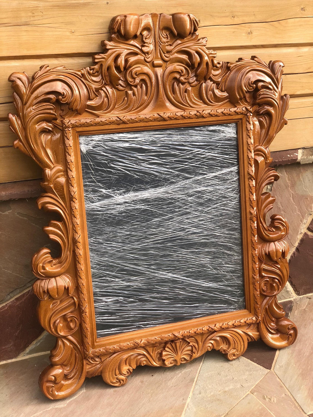 Solid Wood Ornate Mirror Frame, Artisan Carved Wooden Mirror, Victorian Style Mirror in Warm Walnut, Baroque Hand-Carved Mirror