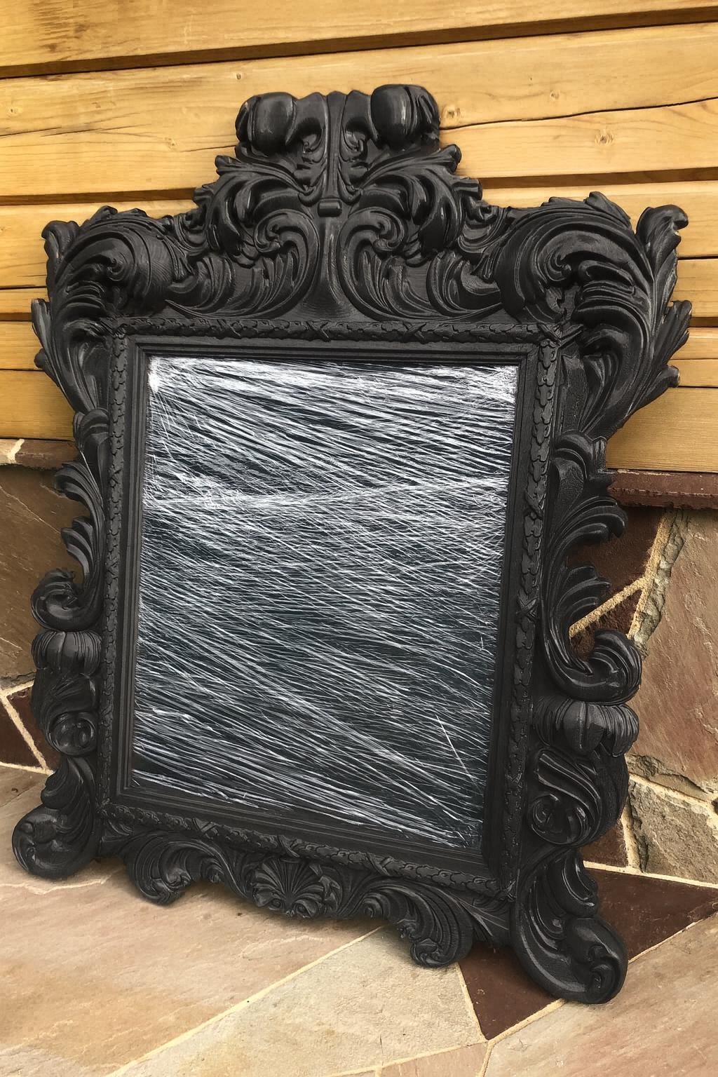 Solid Black Wood Ornate Mirror Frame, Artisan Carved Wooden Mirror, Victorian Style Mirror in Black frame, Baroque Hand-Carved Mirror