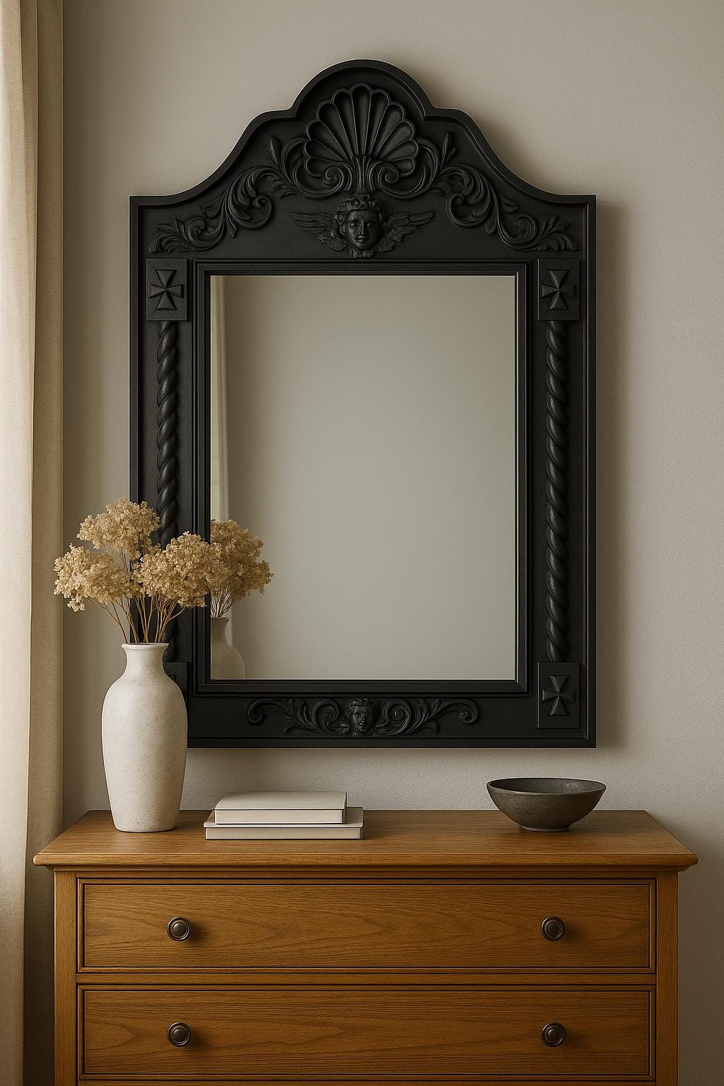 Angel Mirror Black Wood Ornate Mirror Frame, Artisan Carved Wooden Mirror, Victorian Style Mirror in Black frame, Baroque Hand-Carved Mirror