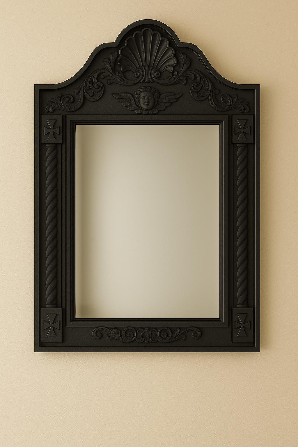 Angel Mirror Black Wood Ornate Mirror Frame, Artisan Carved Wooden Mirror, Victorian Style Mirror in Black frame, Baroque Hand-Carved Mirror