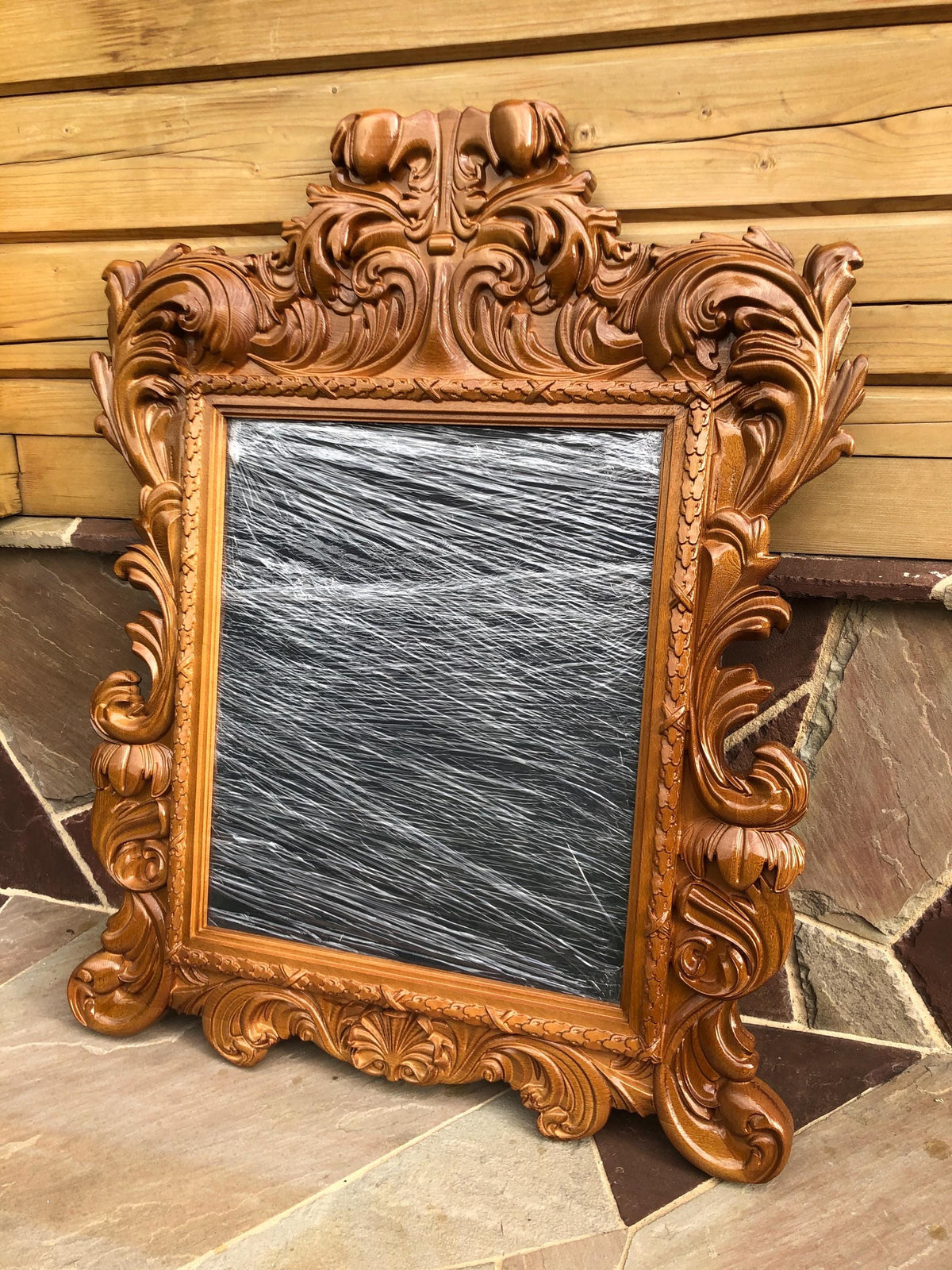 Solid Wood Ornate Mirror Frame, Artisan Carved Wooden Mirror, Victorian Style Mirror in Warm Walnut, Baroque Hand-Carved Mirror