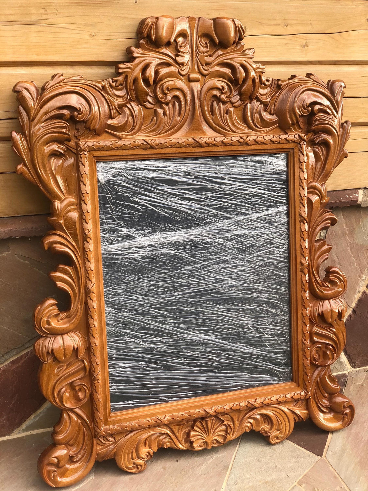 Solid Wood Ornate Mirror Frame, Artisan Carved Wooden Mirror, Victorian Style Mirror in Warm Walnut, Baroque Hand-Carved Mirror