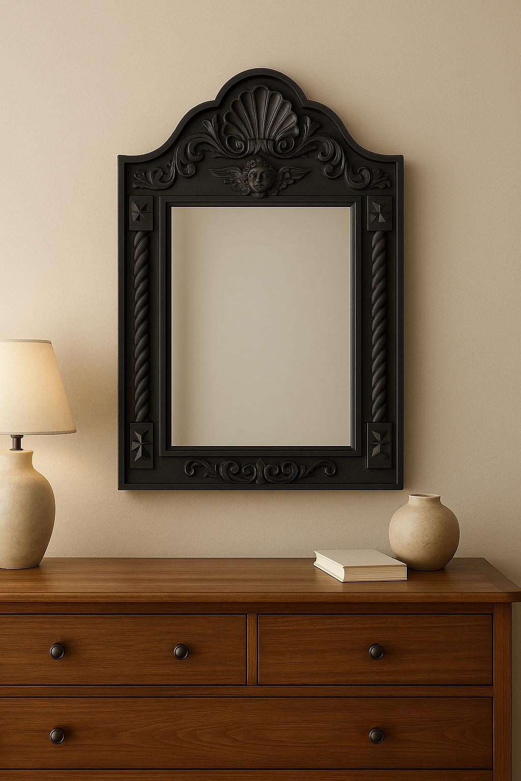 Angel Mirror Black Wood Ornate Mirror Frame, Artisan Carved Wooden Mirror, Victorian Style Mirror in Black frame, Baroque Hand-Carved Mirror