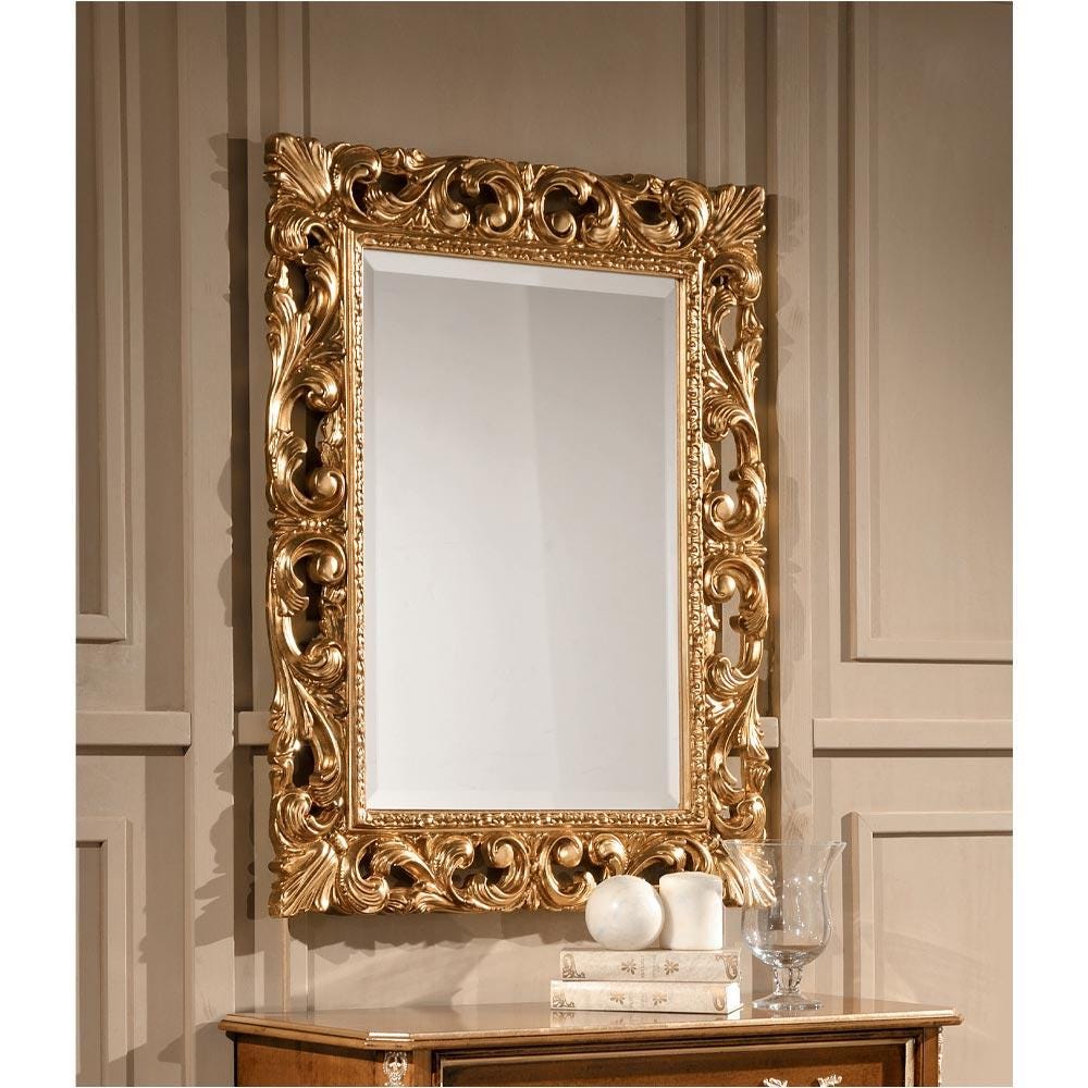 Antique Gold Leaf Luxury Decorative Wall Mirror, Vintage Hanging Mirrors for Bedroom Living-Room, Classic Rectangular Mirror Gold Leaf Frame