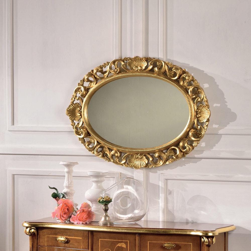 Gold Leaf Luxury Decorative Wall Mirror, Vintage Hanging Mirrors for Bedroom Living-Room, Classic Oval Mirror Gold Leaf Frame