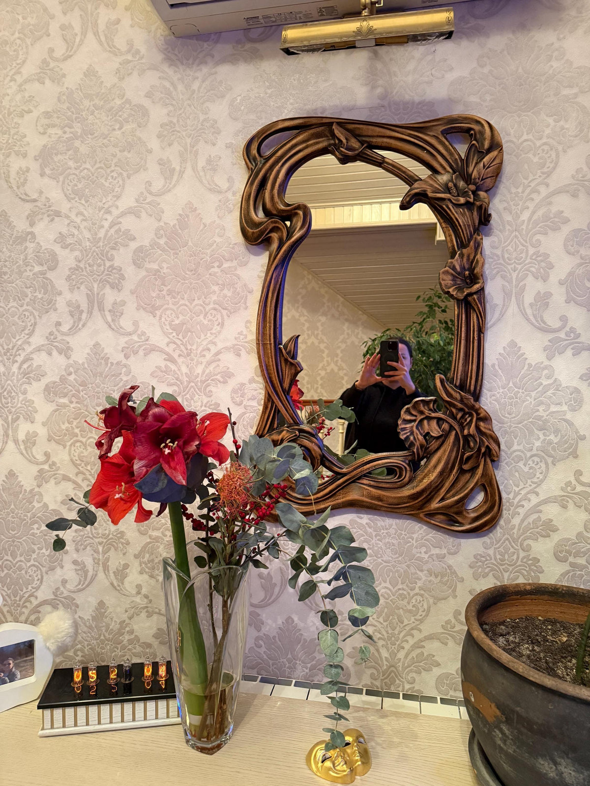 Hand-Carved Wooden Mirror with Floral Design – Rustic Wall Decor in Multiple Sizes, Perfect for Home or Gift, Wall Decor, Wall Mirror Large