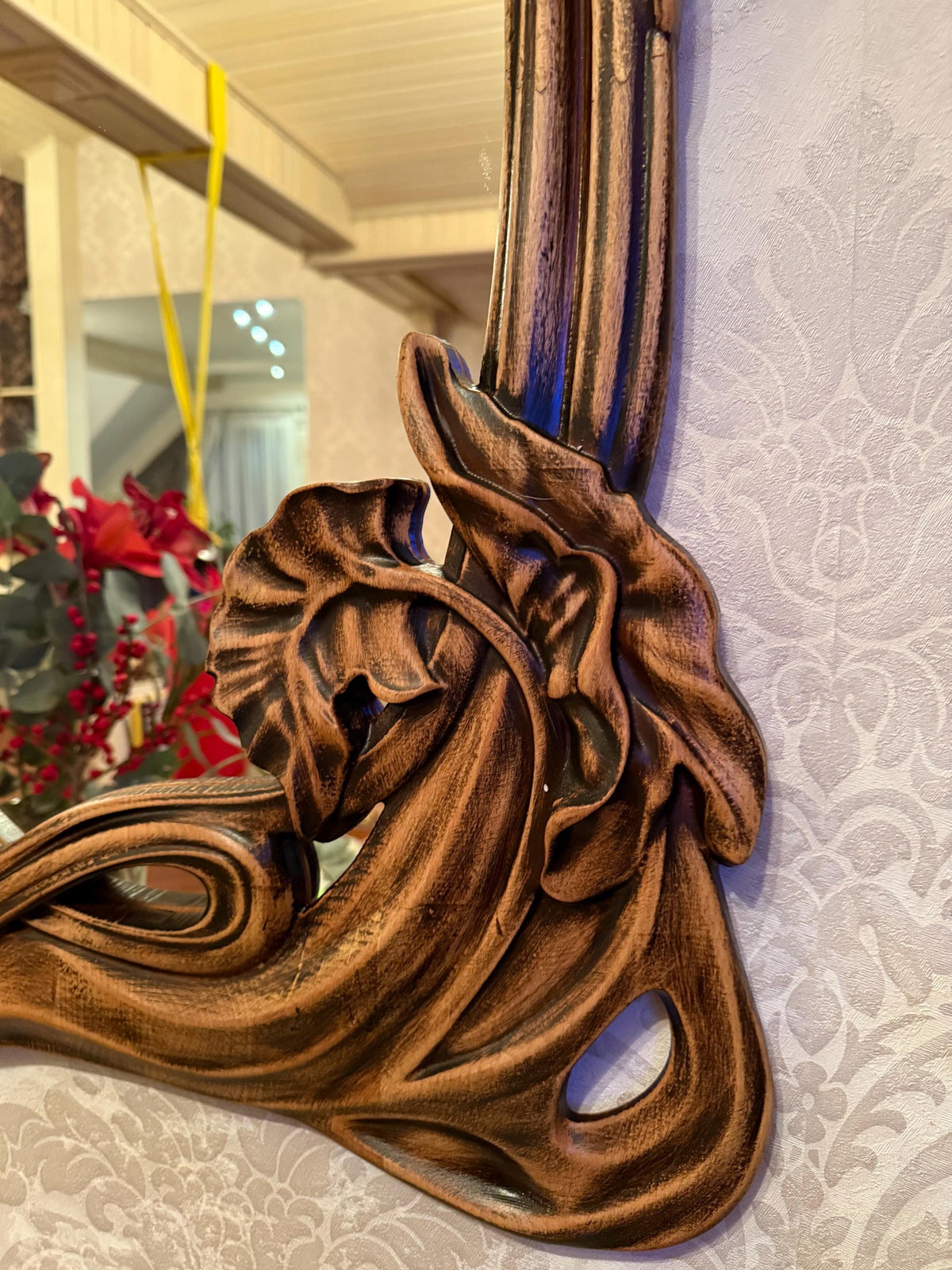 Hand-Carved Wooden Mirror with Floral Design – Rustic Wall Decor in Multiple Sizes, Perfect for Home or Gift, Wall Decor, Wall Mirror Large