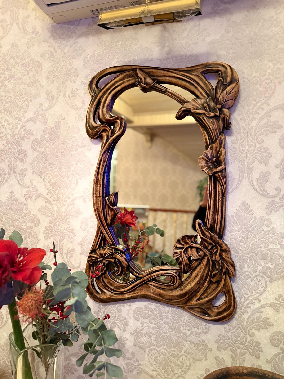 Hand-Carved Wooden Mirror with Floral Design – Rustic Wall Decor in Multiple Sizes, Perfect for Home or Gift, Wall Decor, Wall Mirror Large