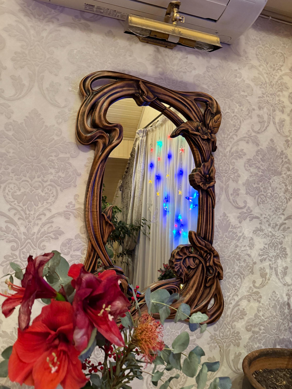 Hand-Carved Wooden Mirror with Floral Design – Rustic Wall Decor in Multiple Sizes, Perfect for Home or Gift, Wall Decor, Wall Mirror Large