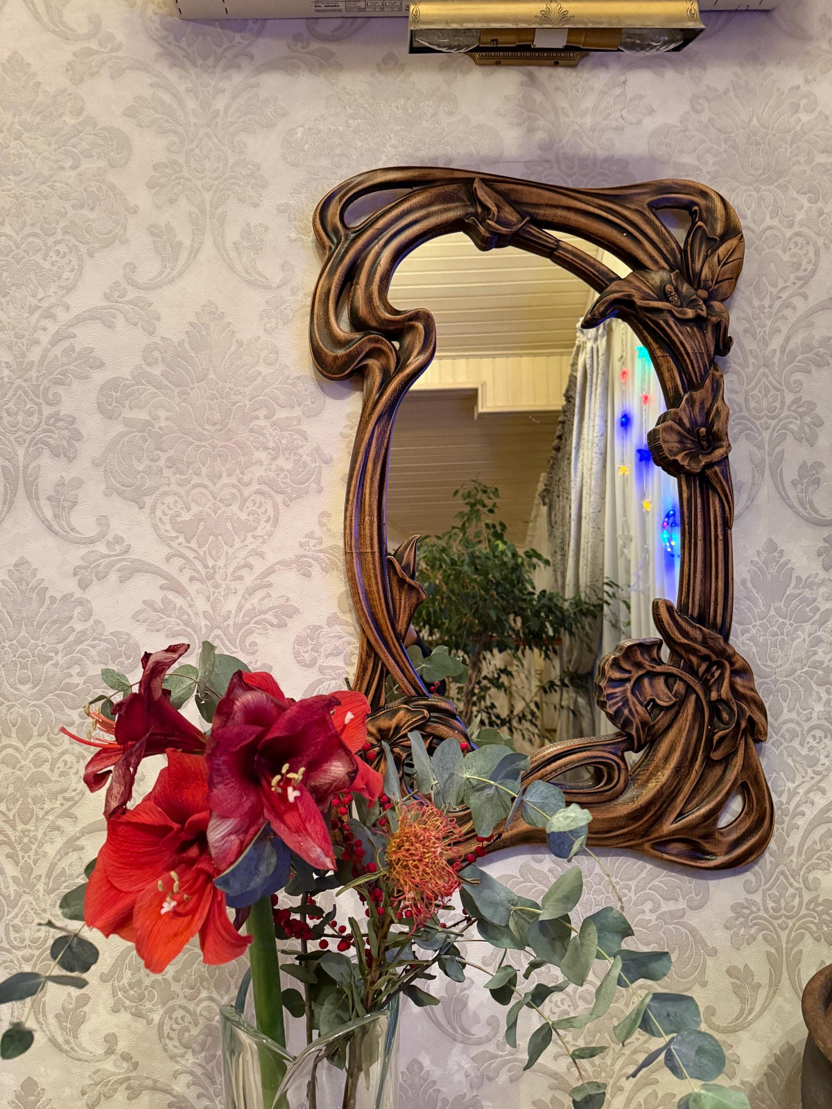 Hand-Carved Wooden Mirror with Floral Design – Rustic Wall Decor in Multiple Sizes, Perfect for Home or Gift, Wall Decor, Wall Mirror Large