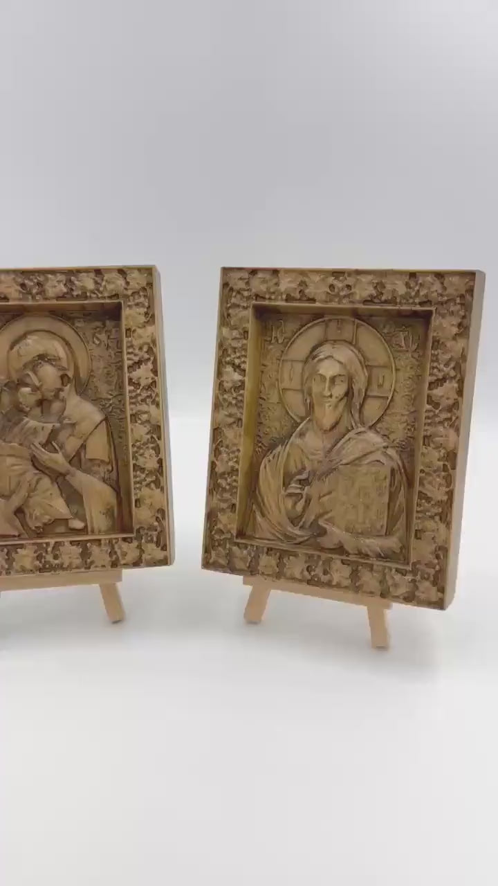 Handcrafted Wooden Icons Set – Jesus Christ and Mother of God | Religious Home Decor & Perfect Wedding Gift | 5.5 x 6.5 Inches