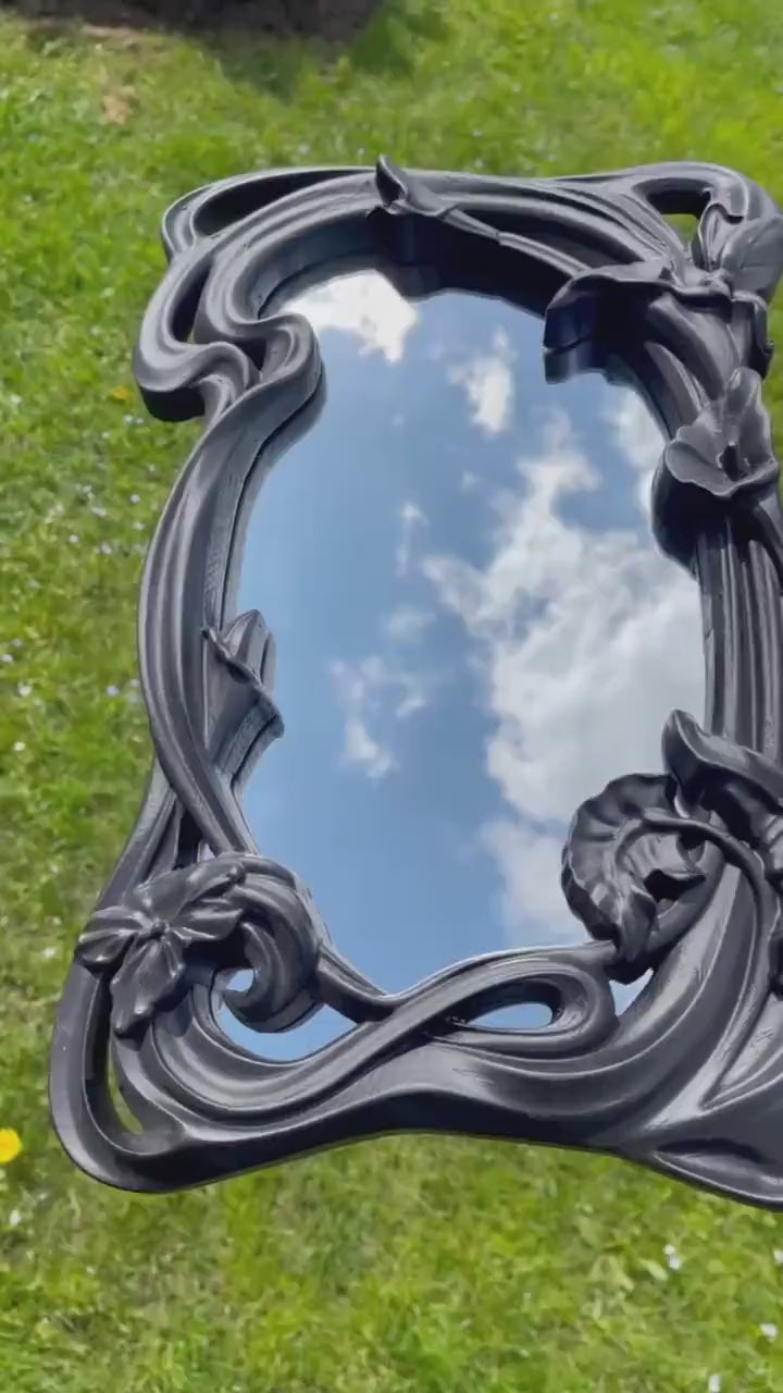 Black Carved wall mirror, Black Wall Mirror, Large black mirror, Wall black decor, Black frame, Mirror Wall Art, Black Interior, wood frame