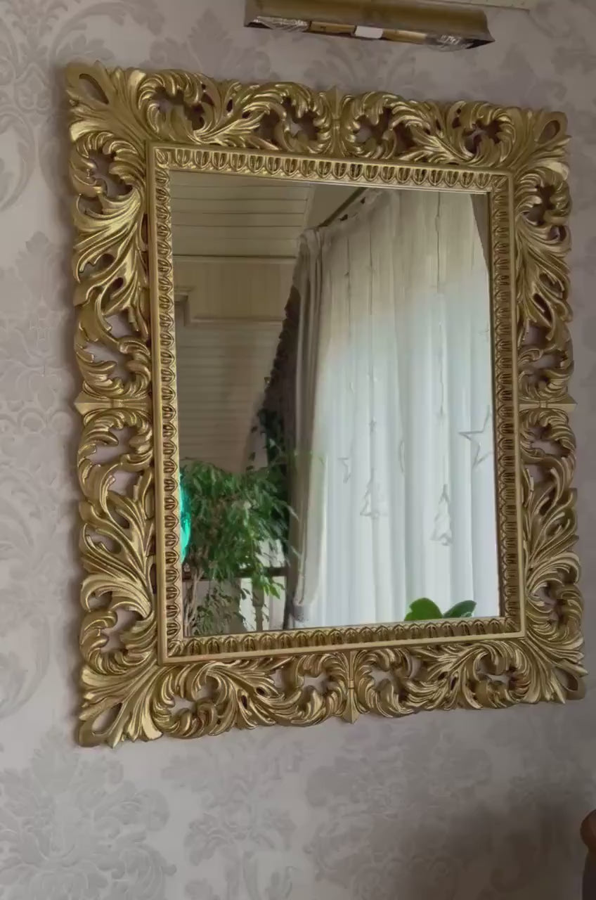 Antique Gold wall mirror, Rustic Charm Meets Timeless Elegance: Large Wood Wall Mirror, Classic Rectangle Ornate Large Gold Wall Mirror