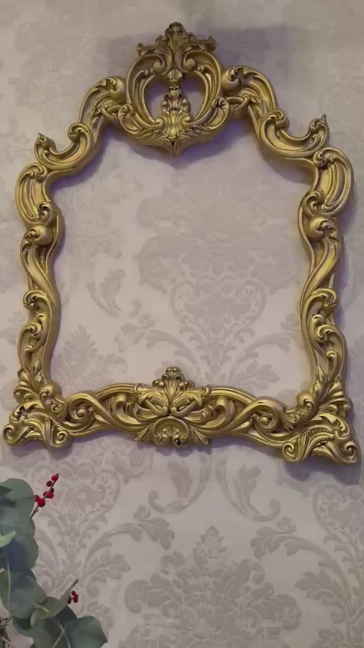 Ornate Antique Gold Wall Mirror – Large Decorative Glass Mirror with Wooden Frame for Elegant Home Decor & Gifts