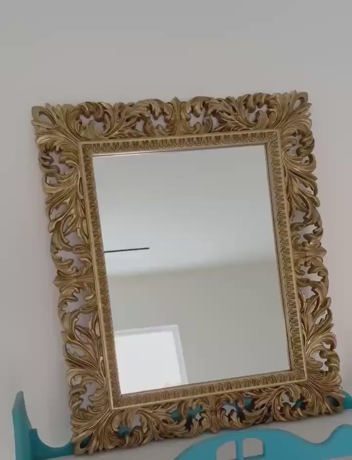 Antique Gold wall mirror, Rustic Charm Meets Timeless Elegance: Large Wood Wall Mirror, Rectangle Ornate Large Gold Wall Mirror with flowers