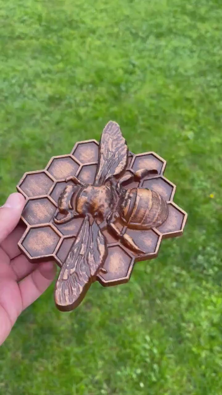 Wooden Bee Sitting on Honeycomb Sculpture - A Charming and Nature-Inspired Home Decor Piece, Gift-wrapped included