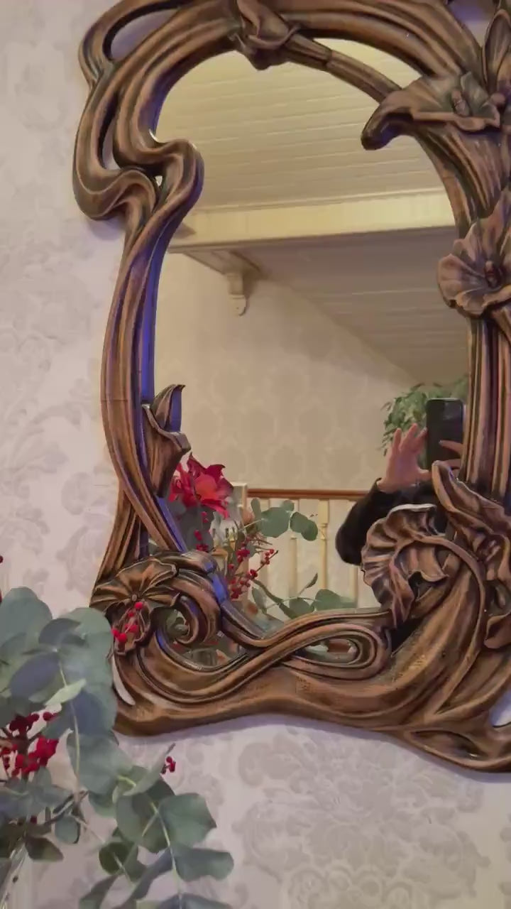 Hand-Carved Wooden Mirror with Floral Design – Rustic Wall Decor in Multiple Sizes, Perfect for Home or Gift, Wall Decor, Wall Mirror Large