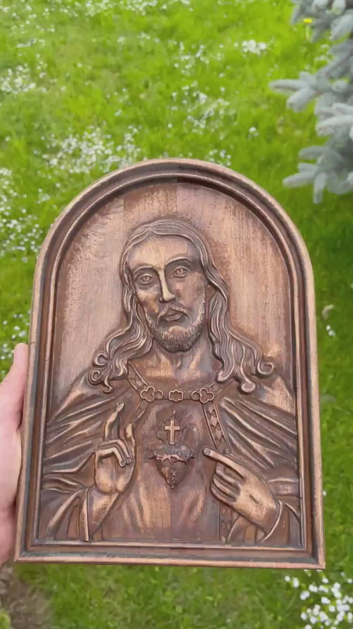Sacred Woodcraft: Heart of Jesus Icon - A Handcrafted Emblem of Devotion and Love, protection for the home, gift for home, gift for mom